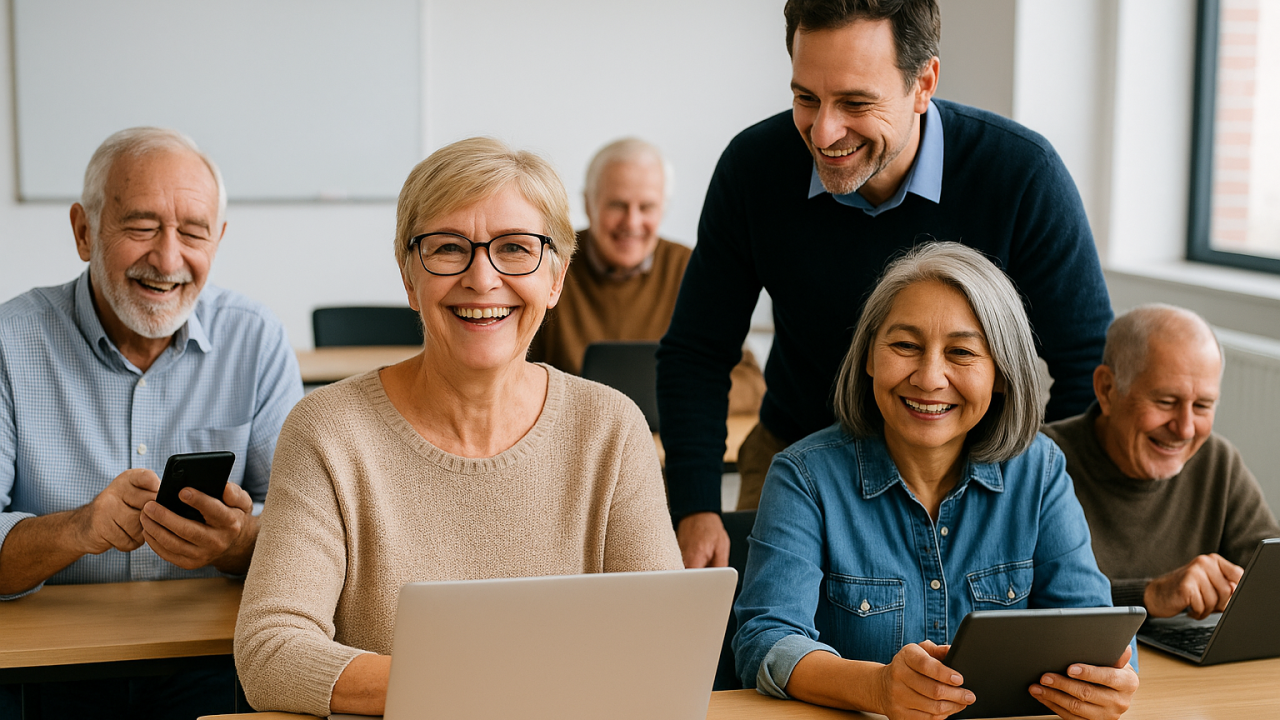 Older woman reading on a tablet at home, relaxed and comfortable